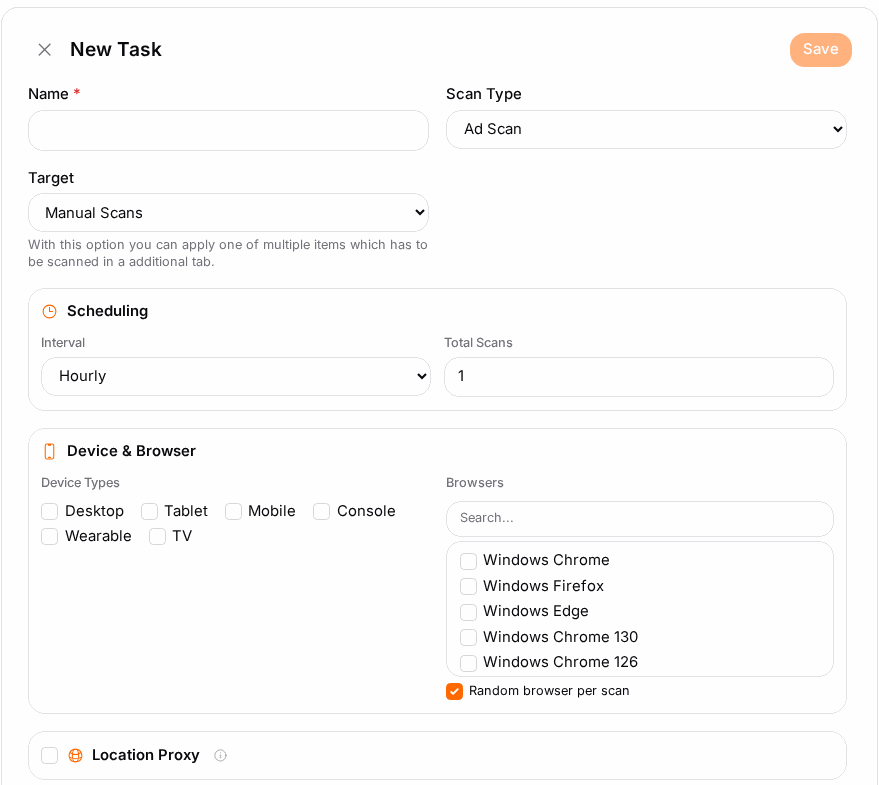 A scan task: what to scan, how often, and from which devices and countries